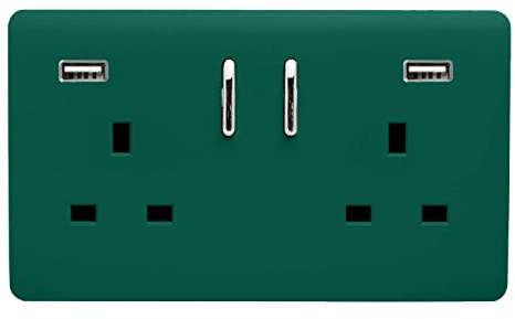 Trendi 2 Gang Artistic Modern Glossy 13 Amp 2 x 3.1mA USB Switched Plug Socket Dark Green