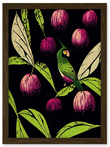 Wee Blue Coo Parrot in Tree Fruit Bright Green and Purple Black Colour Linocut Illustration Modern Vintage Artwork Framed Wall Art Print A4