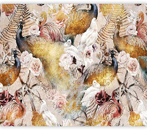 murando PREMIUM Fototapete Blumen 400x280 cm Vlies Tapeten Wandtapete XXL Moderne Wanddeko Design Wand Dekoration Wohnzimmer Schlafzimmer Büro Flur Pfau Tier Farn Vintage Retro bunt