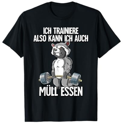 Kraftsport Geschenk Waschbär Bodybuilding Fitness Gym T-Shirt, Unisex-Erwachsene, Schwarz, S, Kurzarm, Klassische Passform, Cartoon, Solid, Training, Humorvolles Design mit Waschbär und Hantel