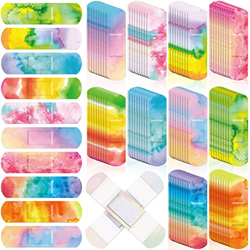 Lounsweer 120 Pcs Kids Bandages Bulk Tie Dye Colored Bandages for Kid 2.83'' x 0.75'' Cute Rainbow Waterproof Flexible Adhesive Tap Breathable Care for Child Baby First Aid Cut Scrapes Wounds 10 Style
