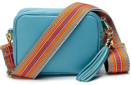 Ledertasche Echtleder in Aqua(Türkis) mit abnehmbaren Lederriemen und zusätlichem Tragegurt Aztec zum Umhängen, 20 x 15 x 7 cm