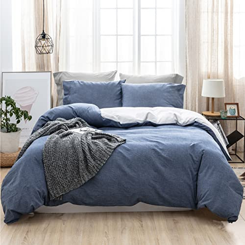 SOULFUL Bettwäsche 220x240 Baumwolle 3 Teilig, Bettwäsche-Sets Denim Blue mit Reißverschluss, Ähnliche Textur wie Stone Washed Leinen, Enthält 1 Bettbezug 220x240 und 2 Kissenbezug 80x80