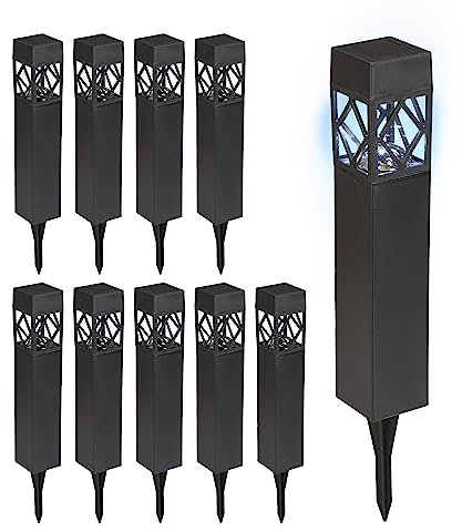 Relaxdays Solares Suelo Set 10, Luz Blanca Cálida, Impermeables, Sensor Crepuscular, Focos LED, 41x6x6 cm, Negro