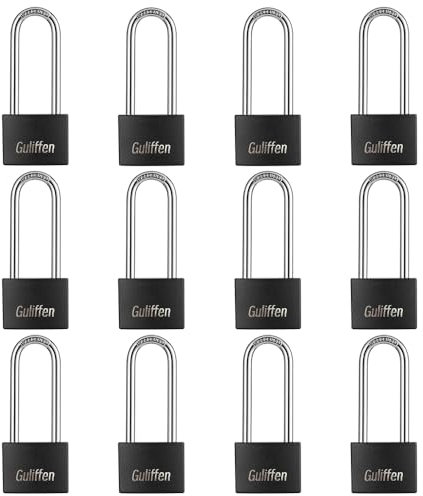 Guliffen Aluminum Pad Lock, 12 Pack Long Shackle Padlocks with Same Key, Gym Locker Lock of Metal for Outdoor Fence,Sheds, Storage Unit, Gate, Toolbox,Trailer,Garages