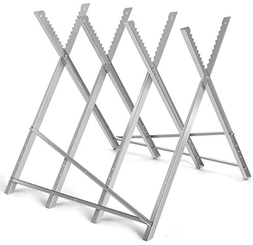 GOPLUS Chevalet de Sciage Pliable pour Tronçonneuses, Chevalet de Travail en Bois Réglable avec Dents de Scie et Entretoises, Charge 100 kg, pour Bois de Chauffage, Bois de Cheminée