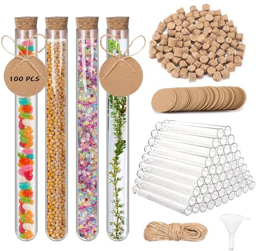 Reagenzglas mit Korken 100 Stück Reagenzgläser 16x100mm Reagenzgläser mit Korken mit 100 Kraftpapieranhänger+30m Hanfseil+1 Trichter, Reagenzgläser für Blumen DIY Craft Candy Liquids Spices Badesalz