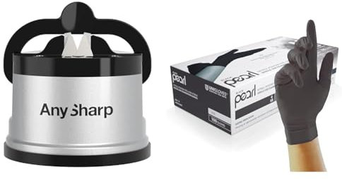 AnySharp Knife Sharpener, Hands-Free Safety, PowerGrip Suction, Safely Sharpens All Kitchen Knives & Unigloves Black Pearl Nitrile Examination Gloves - Multipurpose, Powder Free and Latex Free Gloves
