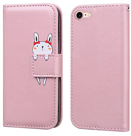 Butnyeoe Handyhülle für iPhone 8 Klappbar,iPhone 7 Klapphülle,iPhone SE 2020 Hülle Klappbar,iPhone SE 2022 Schutzhülle Tasche mit Kartenfach,Rosa+Hase