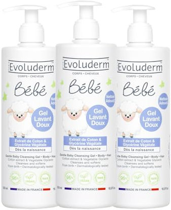EVOLUDERM - Gel Lavant Doux Corps & Cheveux Bébé - 500 ml - 96% d'Origine Naturelle - Végan - Fabrication Française - Lot de 3 x 500 ml