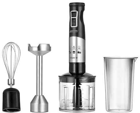 MPM MBL-34M Frullatore a immersione Set 1500 W – Frullatore ad immersione con contenitore, 9 livelli di velocità, alloggiamento in acciaio inox, incluso tritatutto, frusta e misurino, nero/argento