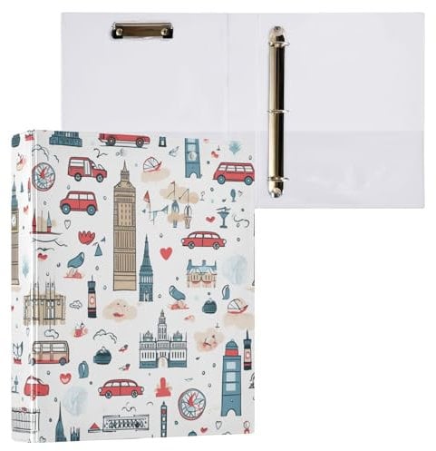 ALAZA Cartoon Big Ben London Stadtbild, 3,8 cm, 3-Ringbücher mit Klemmbrett, runde Ringe, Ordner, hält 200 Blatt, für Schule, Büro, Zuhause, 2 Stück