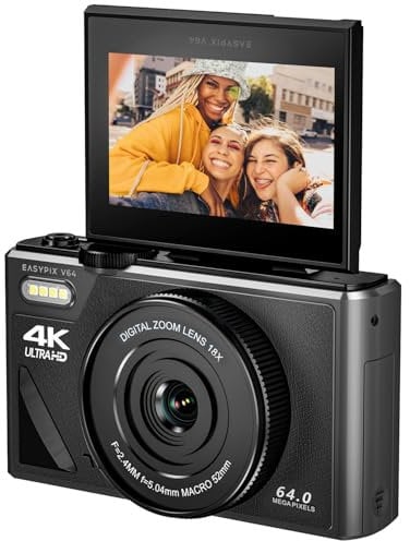 Easypix V64 Flip, fotocamera digitale con flip-screen, display pieghevole da 3,0, risoluzione fino a 64 MP, zoom digitale 18x, WiFi, perfetto per vlogger e selfie