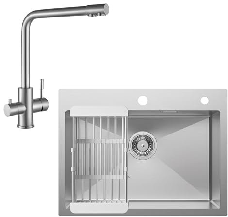 CECIPA Spülbecken Küche 60 * 45CM + 3 Wege Wasserhahn Küche, Spüle Küche mit Abtropfgestell und Siphon, Küchenspüle 1 Becken Eckig, Einbauspüle mit 2 HahnLöcher, Gebürstet Edelstahl