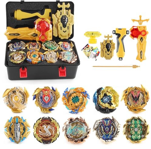 Netoke 10 in 1 Gyros Set, 4D Kampfkreisel Kreisel Battle mit Launcher Gyros, inkl 4 Stück Gyros Accessory Set, Gold