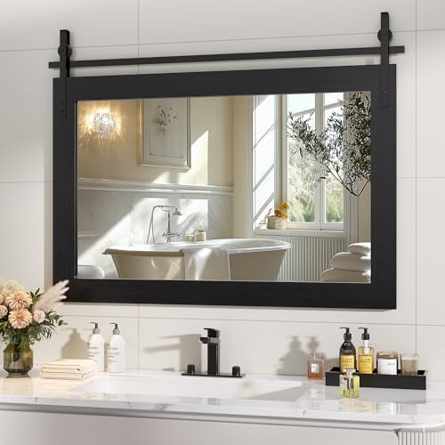 Hasipu Farmhouse Badezimmerspiegel 101x66cm, Rustikaler Wandspiegel Schwarz mit Holzrahmen, Vintage Schminkspiegel Scheunentür-Stil für Badezimmer Schlafzimmer
