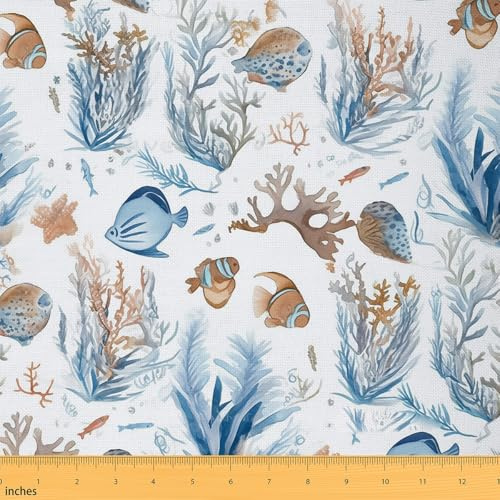 Loussiesd Kinder Fische Stoff Meterware 92x150cm Seehund Dekorative Patchwork Stoffe Meerestiere Wasserdichter Stofffor Stühle Unterwasser Meer Marine Thema DIY Reupholstery Polsterstoff