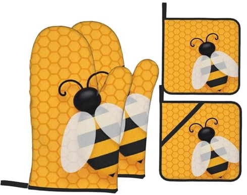 Ofenhandschuhe und Topflappen mit Bienenwaben, rutschfeste Handschuhe, hohe Hitzebeständigkeit, 500 Grad, für Grill, Backen, Kochen, Ofen, Mikrowelle, 4 Stück
