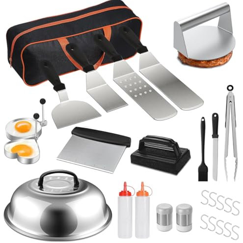 28-teiliges Plancha Zubehör Grillbesteck Set, Smash Burger Set mit Burgerpresse, Grillspachtel, Grillen Teppanyaki Outdoor und Indoor, Koch Zubehör Grill Zubehör Männer Geburtstag Geschenk