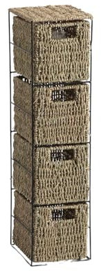 Home Source Bathroom Chest of Drawers, 4 Natural Seagrass Storage Baskets, Black Metal Frame, 65cm