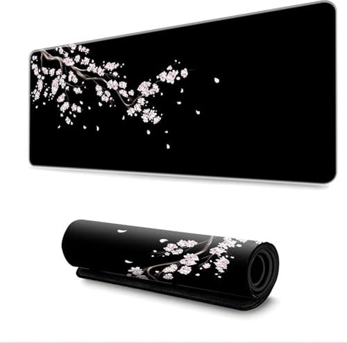 Hearda Mouse Mat, 3D Black Sakura Gaming Mouse Pad, Large Mouse Mat, Mousepad with Stitched Edges, Non-Slip Rubber Base Mouse Pads for Office & Home (White,900x400x3mm)