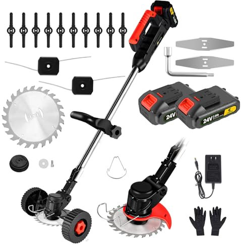 CONENTOOL 600W Akku Rasentrimmer mit 2X 4000Ah Akku, 21V Rasenkantenschneider mit 4 Arten von Schneidklingen, 8500rpm/min Freischneider mit Hilfsgleitrad, Teleskopstab Motorsense
