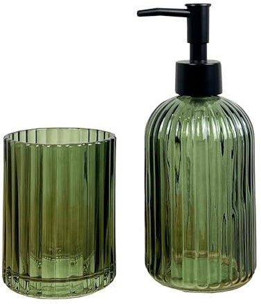 2 Piece Dark Green Ribbed Glass Bathroom Sink Accessories Set Liquid Soap Lotion Dispenser Tumbler/Toothbrush Holder Cup