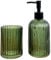 2 Piece Dark Green Ribbed Glass Bathroom Sink Accessories Set Liquid Soap Lotion Dispenser Tumbler/Toothbrush Holder Cup