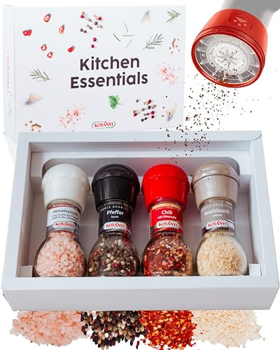 Kotányi Kitchen Essentials - Gewürzmühlen Set | Mitbringsel für Erwachsene mit Salz, Pfeffer, Chili & Knoblauchpulver | Vatertagsgeschenk für Papa