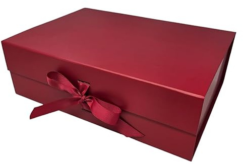 Luxury A4 Size White Folding Magnetic Closure Gift Box with Changeable Ribbon - L31cm x W22cm x H10cm (Red)