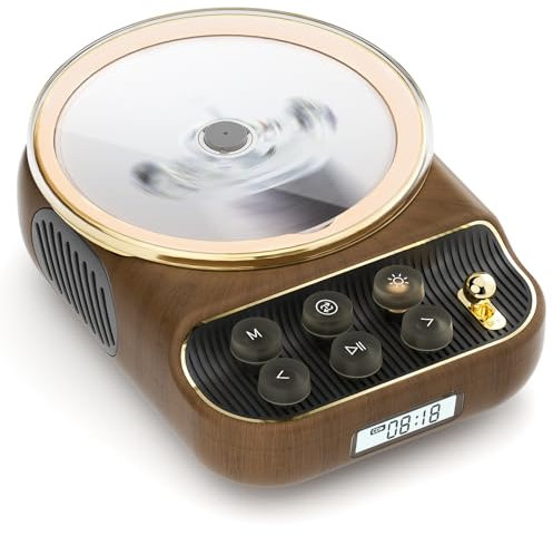 Retro Lettore CD Portatile Bluetooth con Altoparlante Lettore musica da tavolo a parete con supporto Riproduzione TYPE-C/AUX Presa per cuffie Colore del legno
