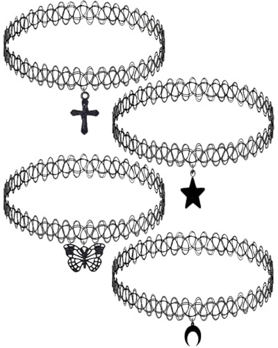TPZORJX 4pcs Stretch halsbänder Schwarz Choker Halskette mit Anhänger Damen Elastische Tattoo Halskette für Mädchen Frauen Teen Geschenk