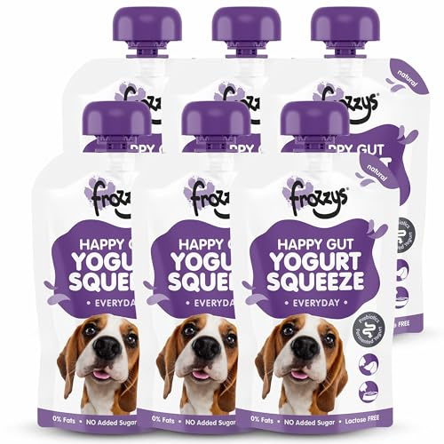 Frozzys Yogurt Squeeze - Fermented Yoghurt with Prebiotics for Dogs - Lactose Free, 0% Fat, No Added Sugar. Lickable, Squeezable, Freezable Dog Treat. Natural Everyday - 6x 115g Pouches