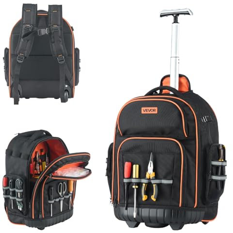 VEVOR Rolling Tool Backpack, 110 lbs Load Capacity, 45 Pockets Heavy Duty Roller Tool Bag on Wheels, Adjustable Telescoping Handle & Stable Base, Toolbag Organizers for Construction, Mechanic