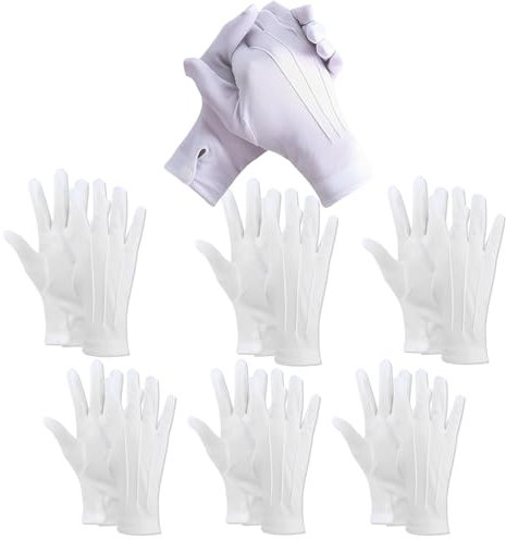 JazRvr 6 Paar Weiße Handschuhe, mit Drei-Falten-Design und Druckknopf, Baumwollhandschuhe Weiß für Schützenfest und Formelle Anlässe, Unisex, Größe ca. 24 cm x 9,2 cm