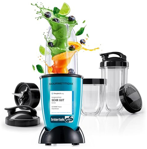 GOURMETmaxx Mr. Magic Power Pro Mixer 400 Watt | Smoothie Maker mit to go Deckel | Standmixer mit Mixbecher & Frischhaltedeckel zum Aufbewahren | Blender mit Zubehörset L für Shakes, Smoothies etc.