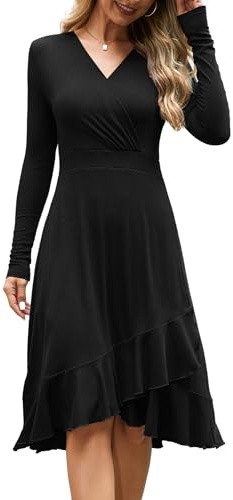 Beluring Wickelkleid Damen Elegant Langarm Tunika Kleid Sexy V-Ausschnitt Rüschensaum Kleider Schwarz L