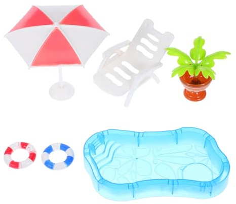 Toyvian Tavolo da spiaggia in miniatura con ombrellone mini piscina sedie da spiaggia per decorazione casa delle bambole e giardini fatati fai da te a grandezza naturale