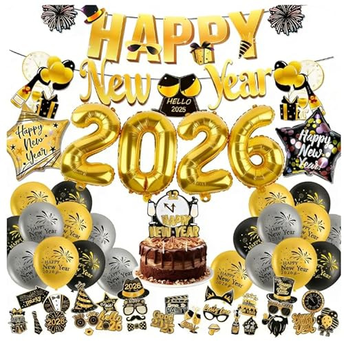 Aitsite Silvester Deko 2026 Dekoration Set, Happy New Year Girlande+Folienballons+Schwarz Gold Ballons&Foto Requisiten, New Year Decoration, Neujahr Silvesterdeko Ballons, Fotorequisite Silvesterparty