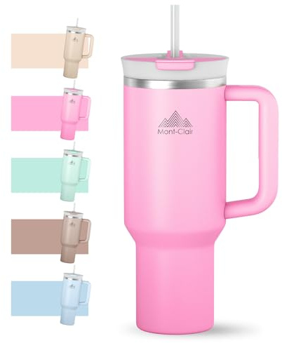 Mont-Clair 40oz Tumbler with Straw and Lid - Leakproof Insulated Stainless Steel Travel Mug with Handle - Travel Mug - Hot & Cold Drinks - Cold or Hot for 10 Hours - Iced for 48 Hours - 1200ml - Pink