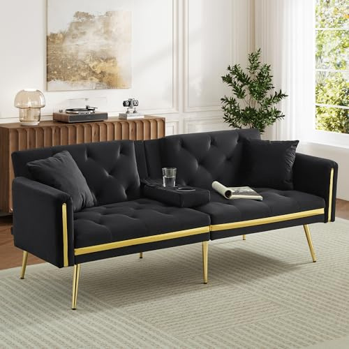 FammyLoft 2-Seater Sofa Bed with Adjustable Backrest, Velvet, Black | Couch Bed Double, Loveseat Sofa for Living Rooms, Apartments, and Offices, Couch with Gold Accents and Built-in Cup Holders