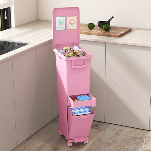 GIANTEX Poubelle de Tri Selectif 32 L, Poubelle Cuisine 3 en 1 avec 2 Bacs Amovibles, Tiroir, Poignées Latérales, Pédale, Autocollants pour Tri des Déchets, Poubelle à Roulettes pour Cuisine (Rose)