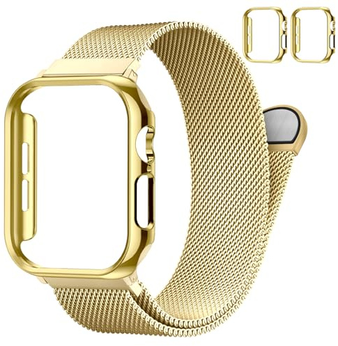 SOLOLUP Milanese Loop+2Pcs Schutzhülle für Apple Watch Armband Series 11 10 9 8 7 6 5 4 3 SE 3/2,Edelstahl Milanaise Magnetic Band für iWatch 38/40/41/42 mm-S 11/10，40mm PC Hülle(No Screen) Gold