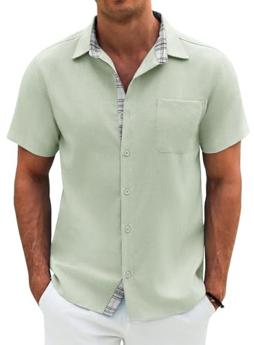 Lonya Men's Shirt Summer Casual Business Short Sleeve Button Down Tops Comfortable Hawaiian Holiday Beach Shirts with Pockets Green,L