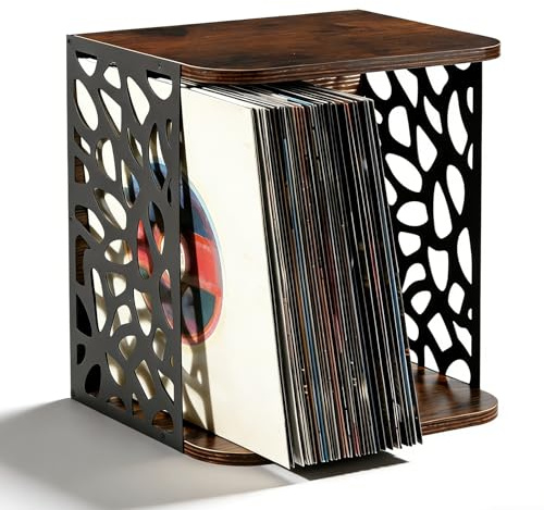 JUJOYBD Schallplatten Aufbewahrung bis zu 60 Alben Stapelbar Vinyl Halter | Schallplattenständer aus Metall & Holz in Industrial-Design, Schallplattenhalter auch für Magazine, Bücher und Akten