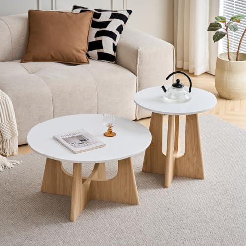 GrandCA HOME Lot de 2 Table Basse Ronde, Table D'appoint de Salon de Style Minimaliste Moderne, Matériau en Panneaux de Fibres de Densité Moyenne, Convient pour Le Salon, La Chambre à Coucher - Blanc