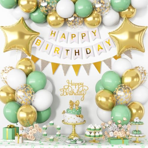 Luftballons Geburtstag Set für Mädchen Junge Deko, Grün Weiß Gold Geburtstagsdeko Latexballons mit Happy Birthday Banner für Geburtstag Partys, Herz und Stern Folienballons für Hochzeit Dekoration