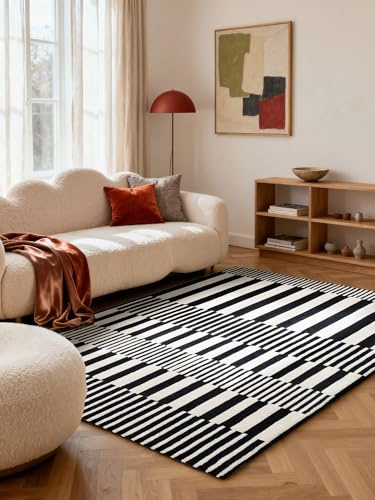 Elle Decoration Wollteppich Pulse - Geometrisch, gestreifter Wohnzimmerteppich, 100% Wolle, Handgewebt & Natürlich, Moderner Naturfaser Teppich für Wohnzimmer, Schlafzimmer – Schwarz Weiß, 160x230 cm