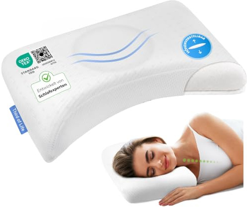 Ergonomisches Seitenschläferkissen NUVIA, höhenverstellbarer Memory Foam | Kissen mit Schulterbogen für Seitenschläfer und Rückenschläfer, Kopfkissen von Schlafexperten entwickelt, 56x36x9,5/11,5 cm