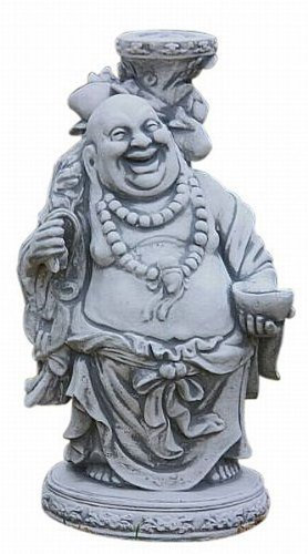 Steinfiguren Lachender Buddha, Figur aus Steinguss, Patiniert, Frostfest